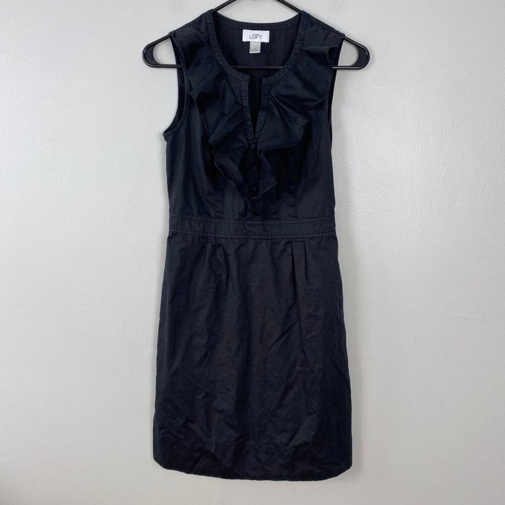 Loft Black‎ Ruffle Neck Sheath Dress Cotton Faux Button Coquette Office Size 2